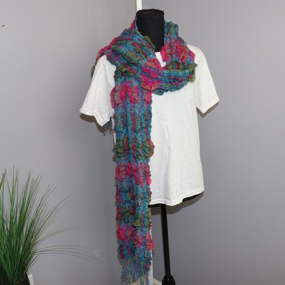 Colorful Ruffled Knit Scarf Multicolor Boho Artistic Long Fringe - Picture 2 of 2